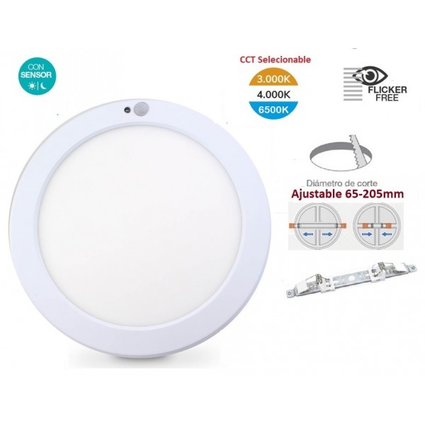 Downlight panel LED Redondo 220mm 18W CCT seleccionable, Corte ajustable con sensor de movimiento y crepuscular